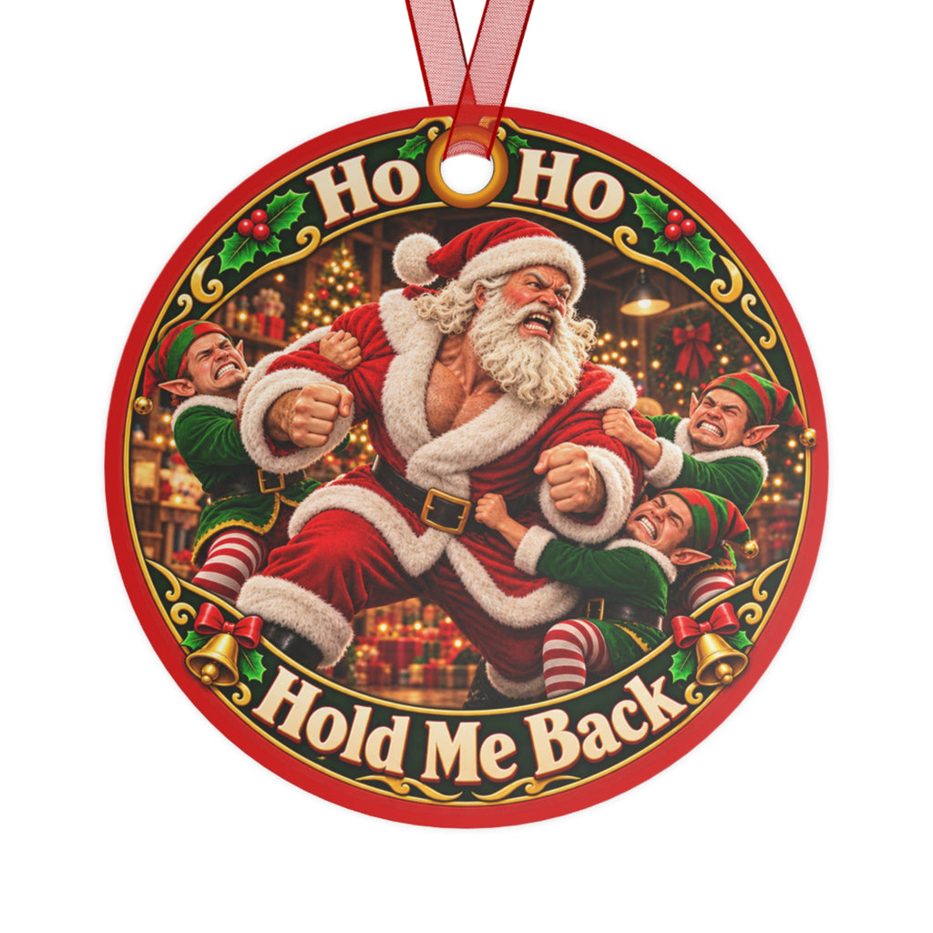 Back of the Hold Me Back Santa ornament — the same Santa fight scene printed on both sides