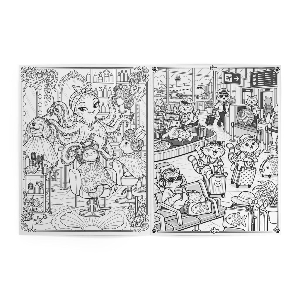 Inside pages of the funny adult coloring book — an octopus hairdresser styling a dog in a salon and cats traveling through an airport