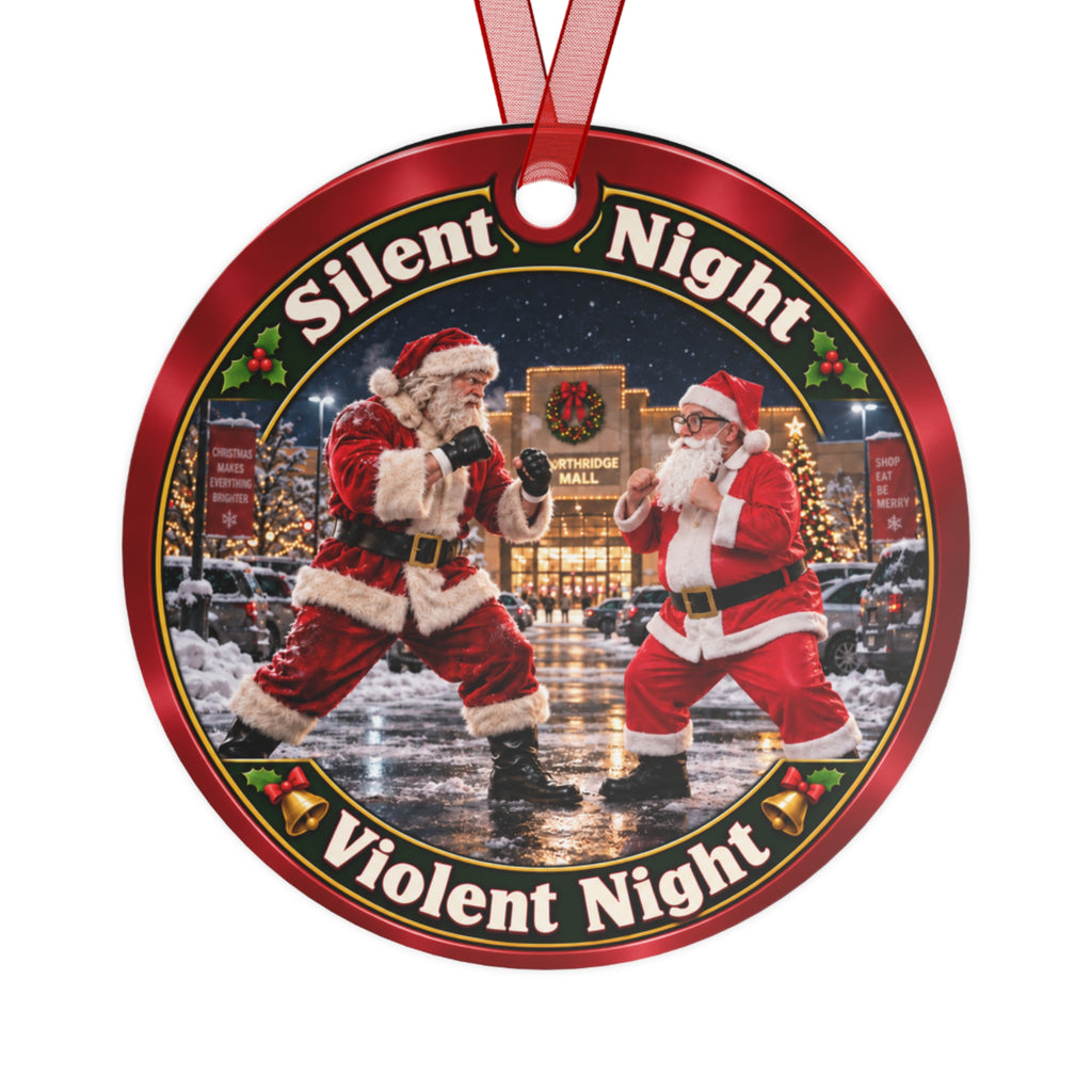 "Silent Night, Violent Night" round metal ornament close-up — two Santas in boxing stances facing off in a snowy mall parking lot, red ribbon