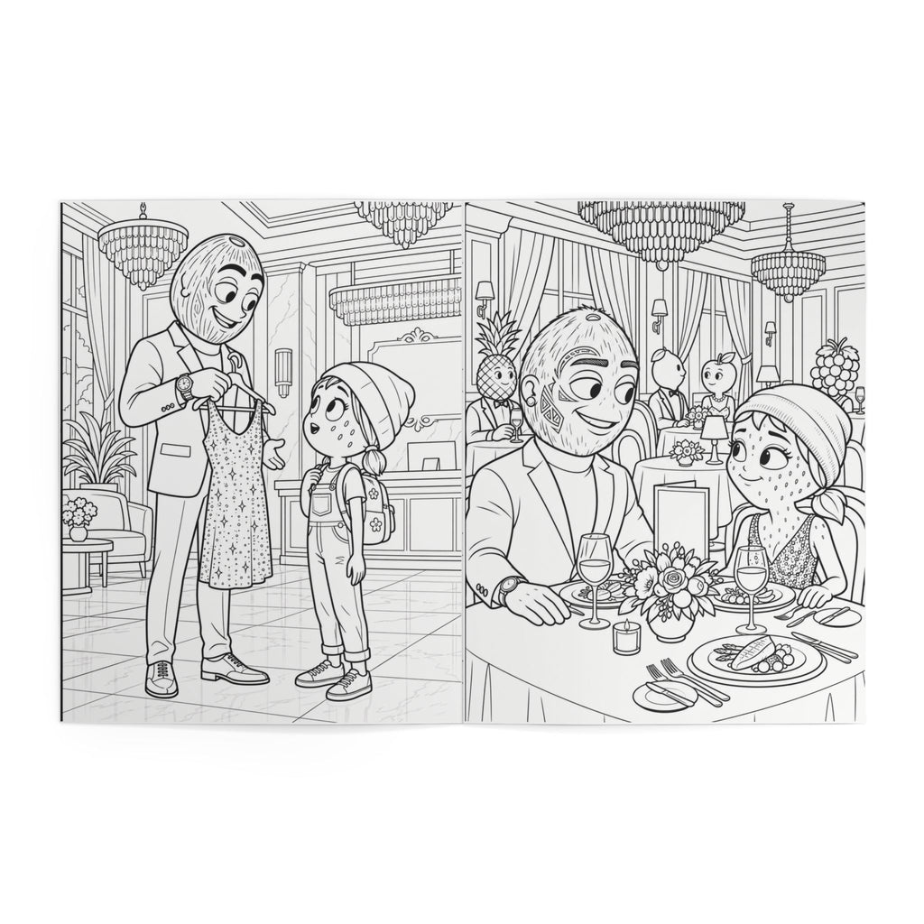 Inside coloring pages — fruit characters in a clothing shop and a couple of fruit characters dining at a restaurant table
