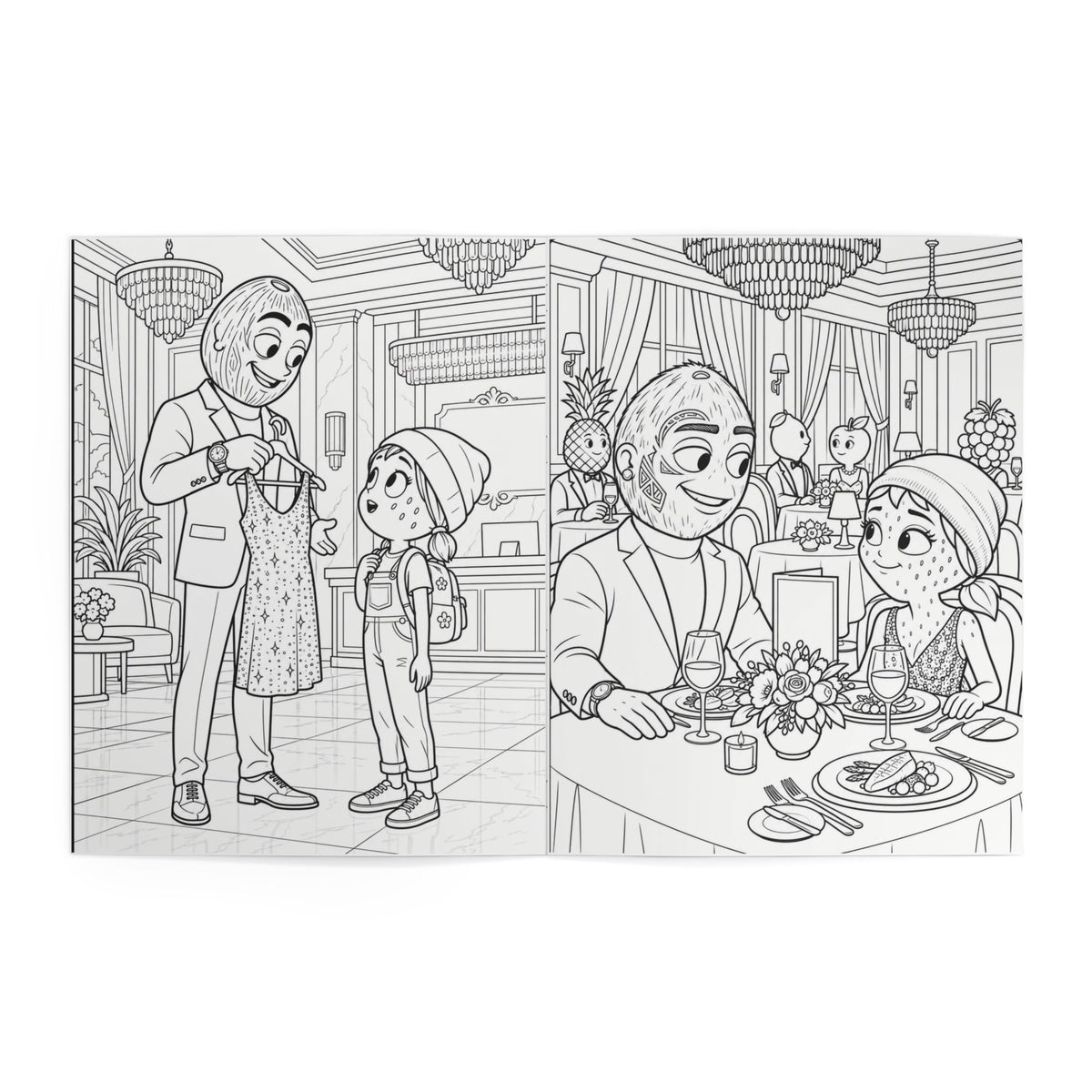 Inside coloring pages — fruit characters in a clothing shop and a couple of fruit characters dining at a restaurant table