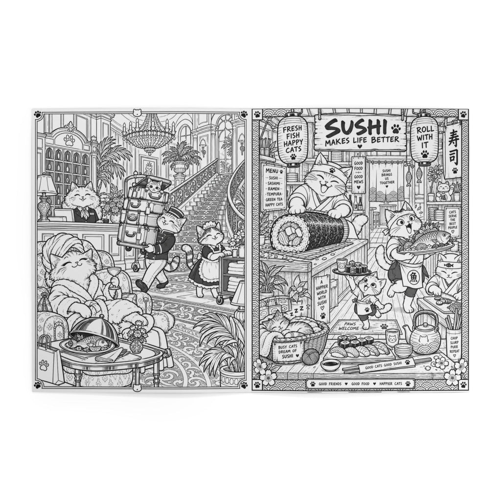 Inside pages of the funny adult coloring book — cats in a fancy hotel lounge and cats running a sushi restaurant