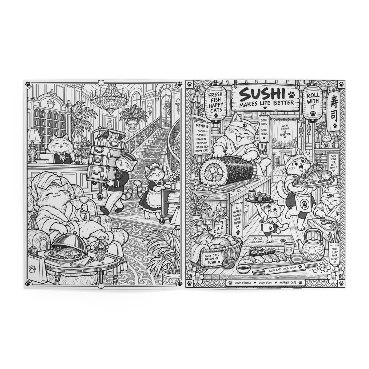 Inside pages of the funny adult coloring book — cats in a fancy hotel lounge and cats running a sushi restaurant