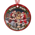 Funny metal Christmas ornament showing two Santas fighting in a snowy mall with the words "Silent Night, Violent Night"