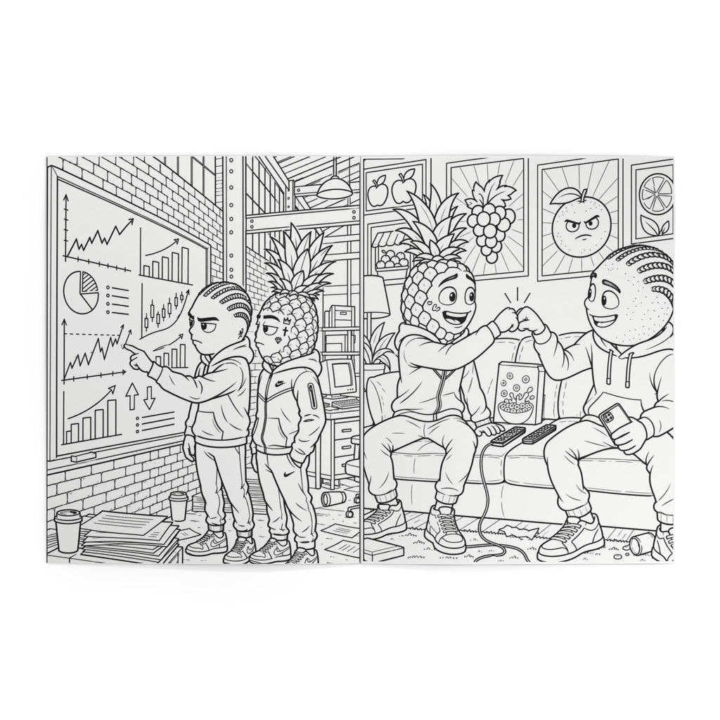 Inside coloring pages — pineapple characters reviewing charts in an office and fist-bumping on a couch