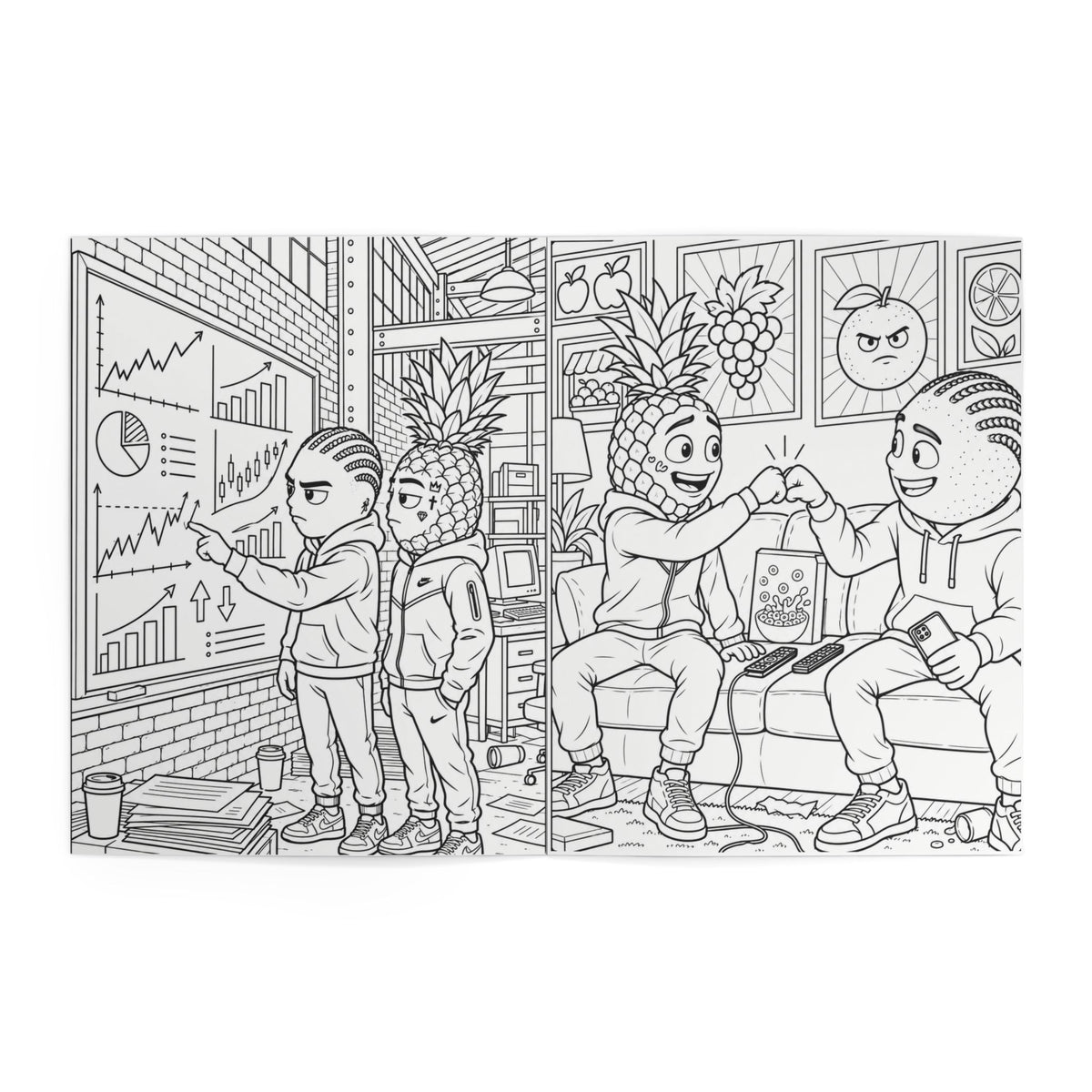 Inside coloring pages — pineapple characters reviewing charts in an office and fist-bumping on a couch