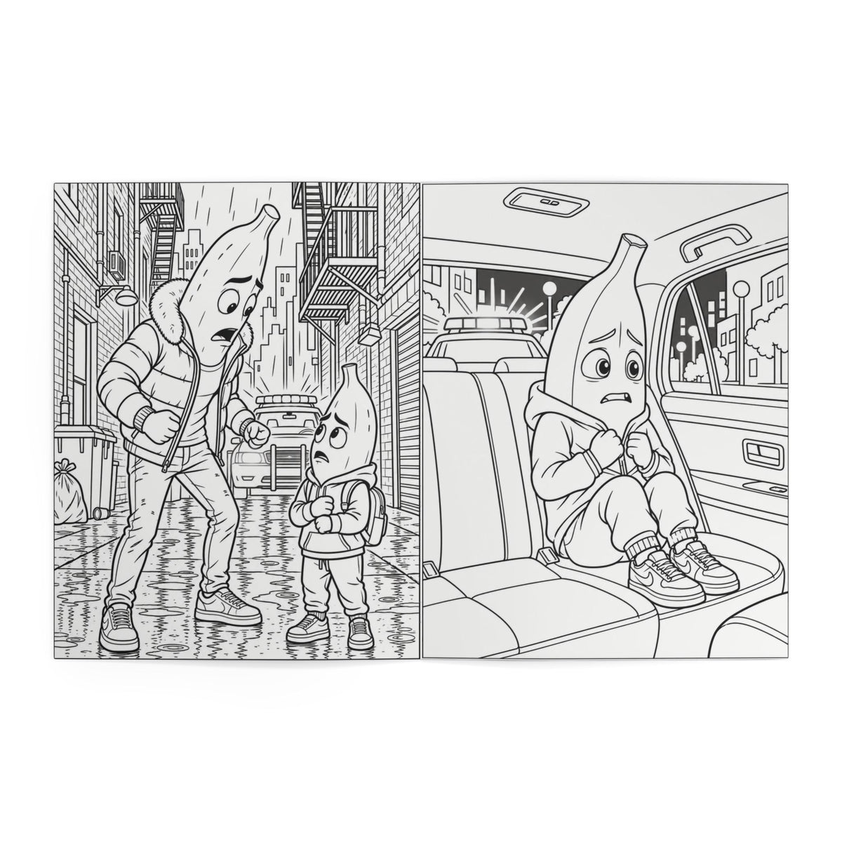 Inside coloring pages — a banana character confronting a smaller banana in a rainy alley, and a sad banana character sitting in a car