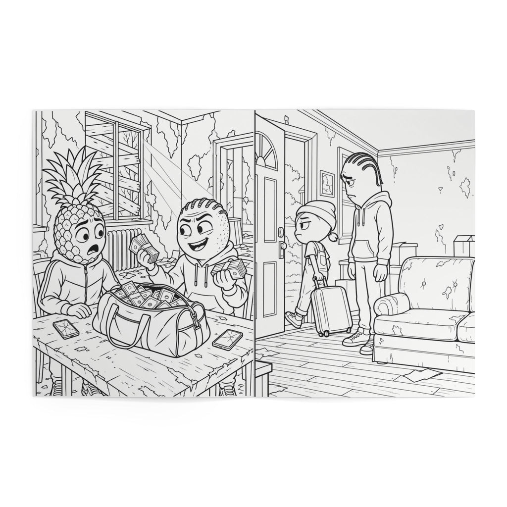 Inside coloring pages — a pineapple character with a duffel bag talking at a table, and characters with a suitcase in a doorway