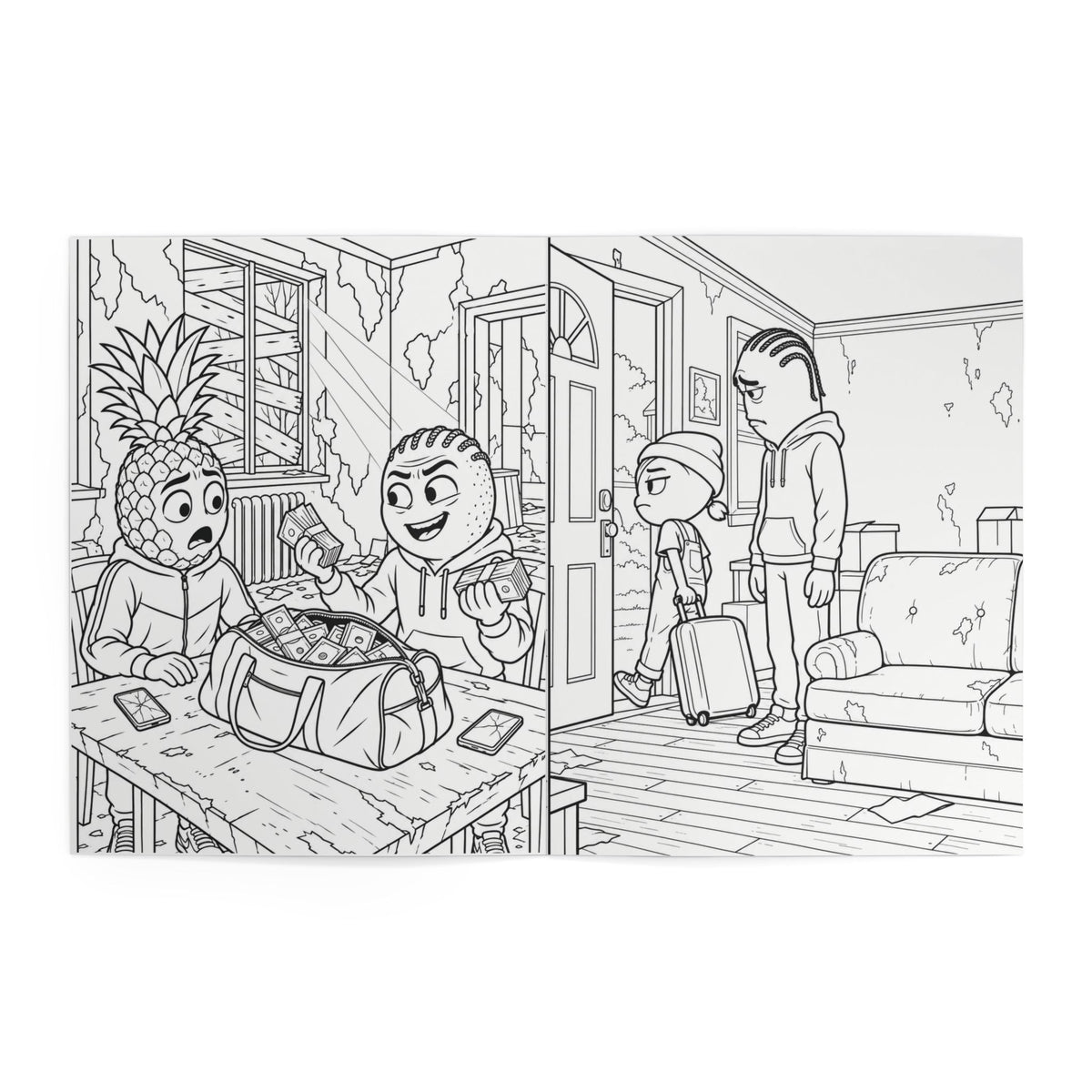 Inside coloring pages — a pineapple character with a duffel bag talking at a table, and characters with a suitcase in a doorway