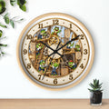 Funny frog wall clock with wooden frame hanging on a wall — "Hop O'clock" frog lover gift