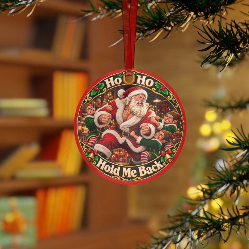 Hold Me Back Santa ornament hanging on a Christmas tree in a cozy living room