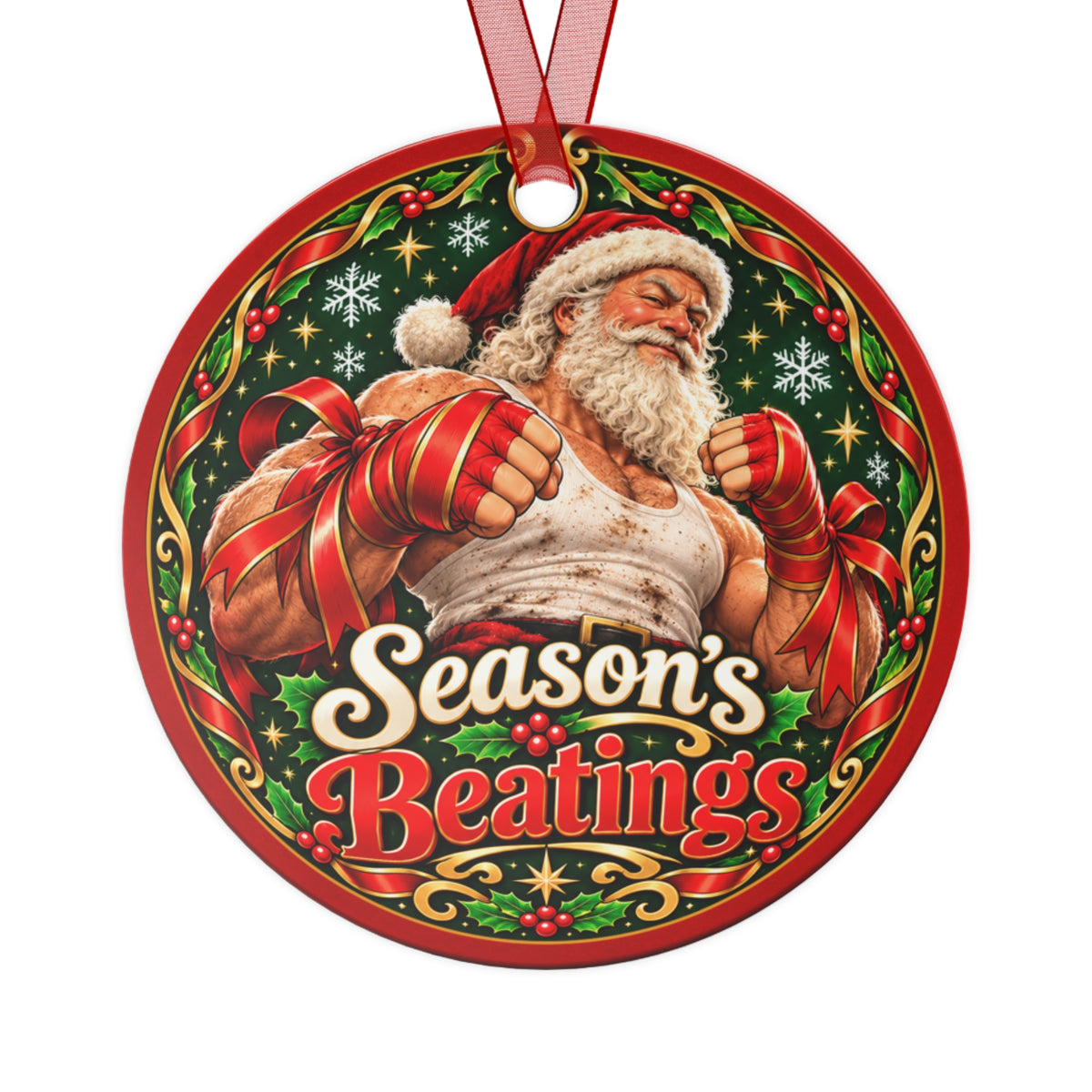 Funny metal Christmas ornament showing a muscular Santa in a tank top with red boxing hand wraps and the words "Season's Beatings"