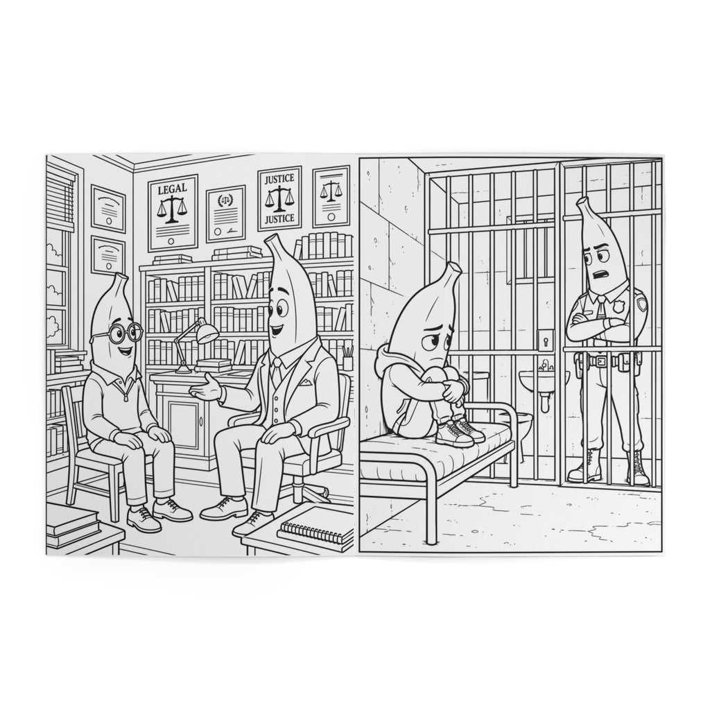 Inside coloring pages — banana characters talking in a law office, and a banana character sitting in a jail cell