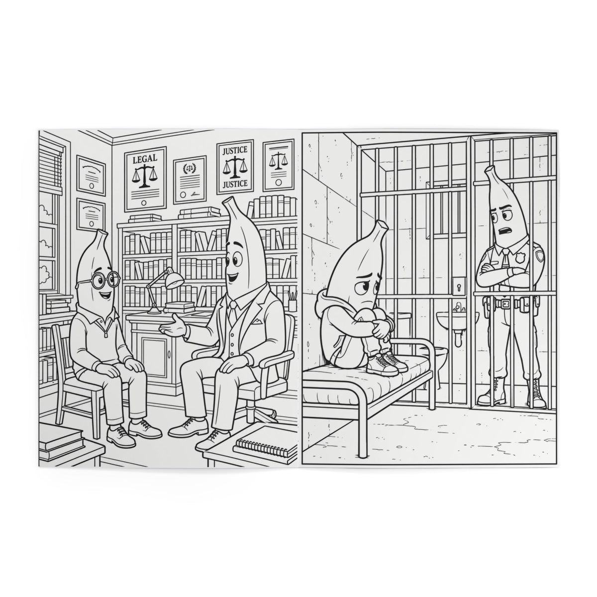 Inside coloring pages — banana characters talking in a law office, and a banana character sitting in a jail cell