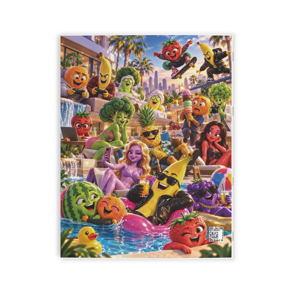 Back cover of the AI Fruit Vids coloring book — cartoon fruit characters at a pool party, with a banana in sunglasses on a float, watermelon, strawberry and broccoli characters