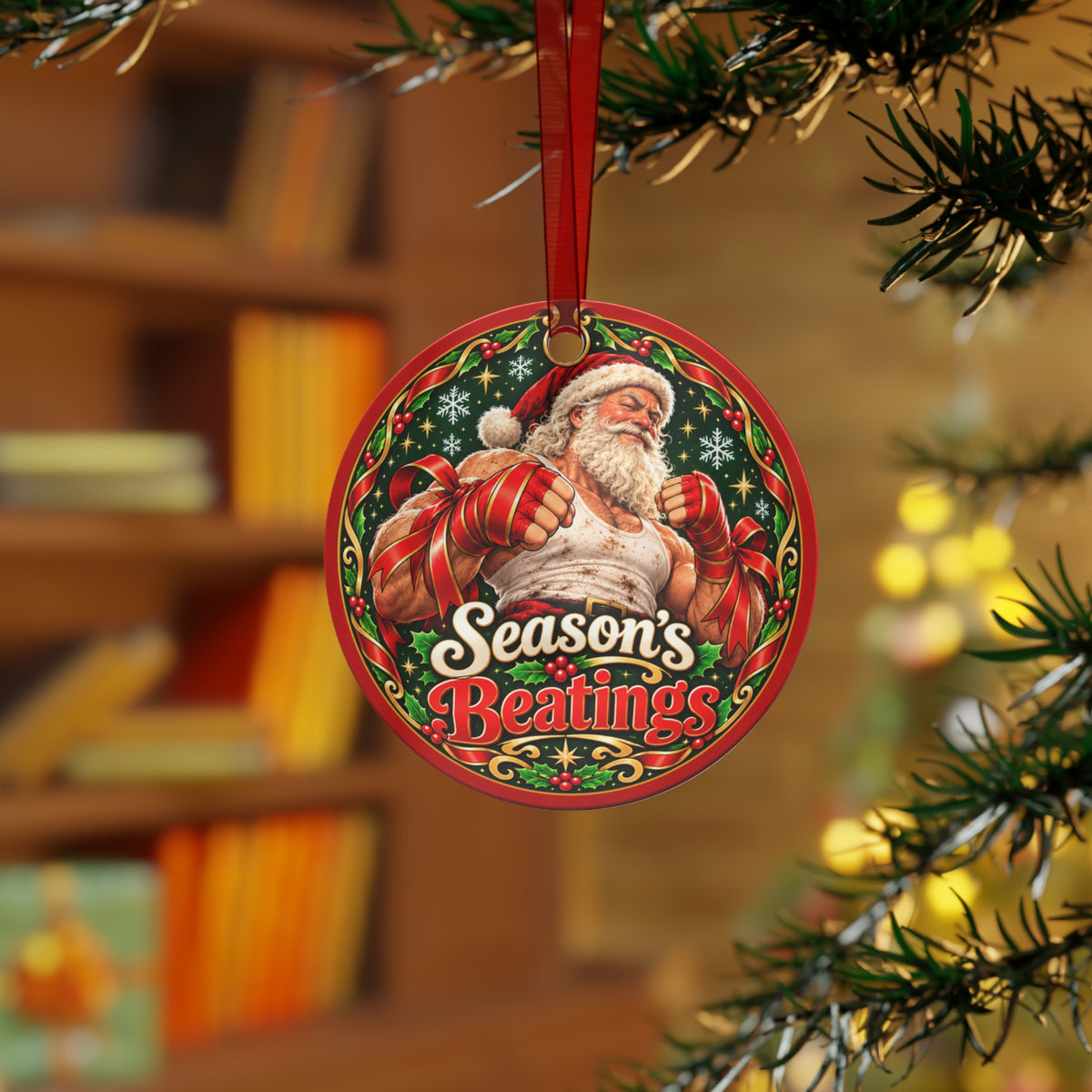 Season's Beatings Santa ornament hanging on a Christmas tree in a cozy living room